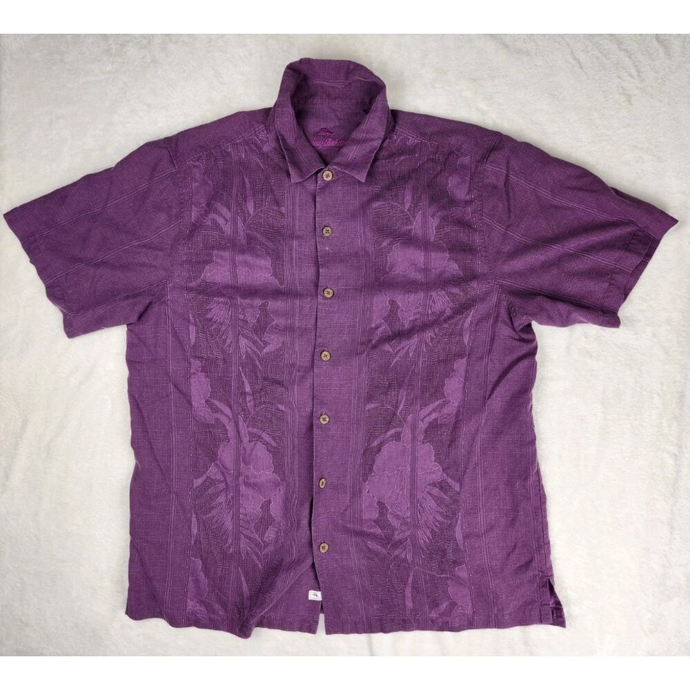 Tommy Bahama Shirt Mens XLT‎ Purple Button Up 100% Silk Lightweight Hawaiian